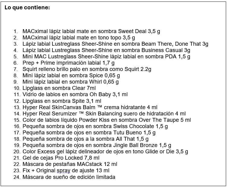 Calendario de adviento MAC_contenido